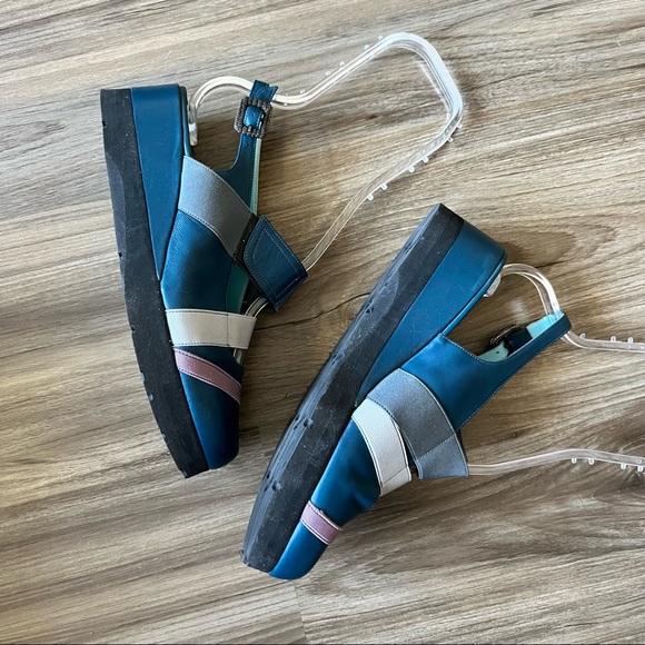 Thierry Rabotin Blue Almond Wedge Striped Sandal Heels - Picture 2 of 8